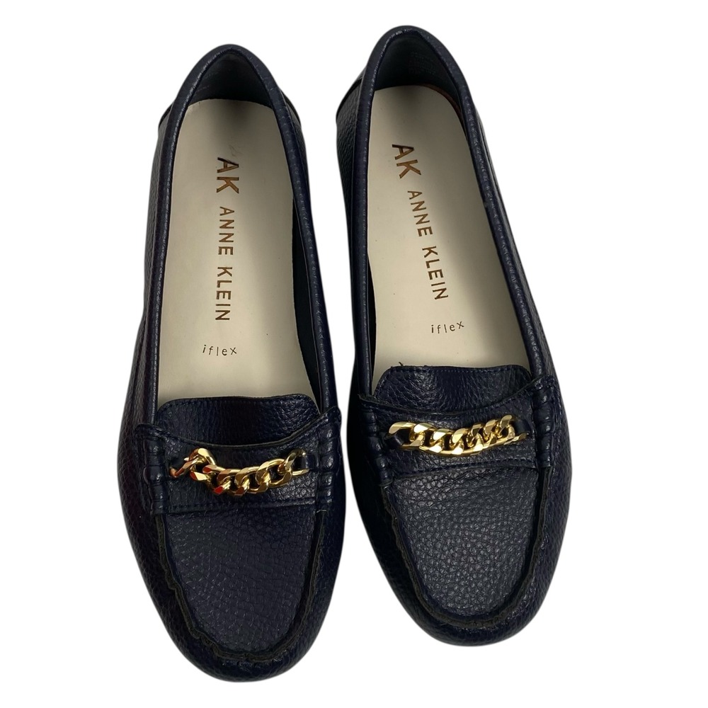 Anne Klein Loafers Navy Blue Gold Chain Detail AK iflex Comfort Business 6.5 SU‎